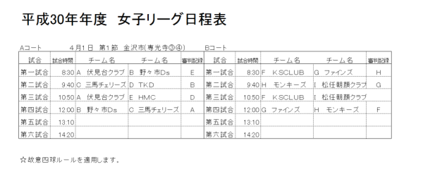 平成30年年度　女子リーグ　第1節　組合せ