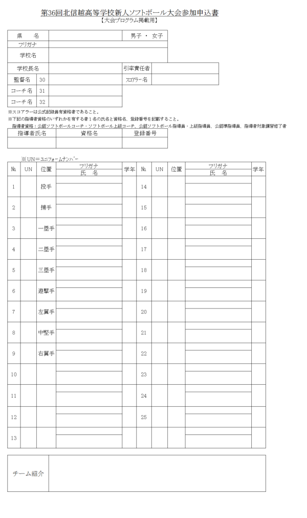 第36回北信越高等学校新人大会 　 参加申込書(プログラム用)
