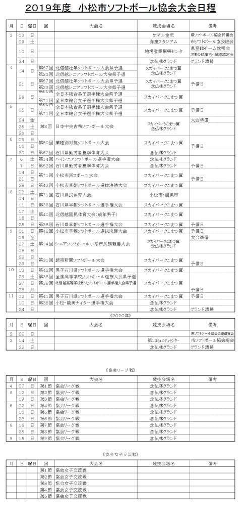 ２０１９年度　小松市ソフトボール協会大会日程