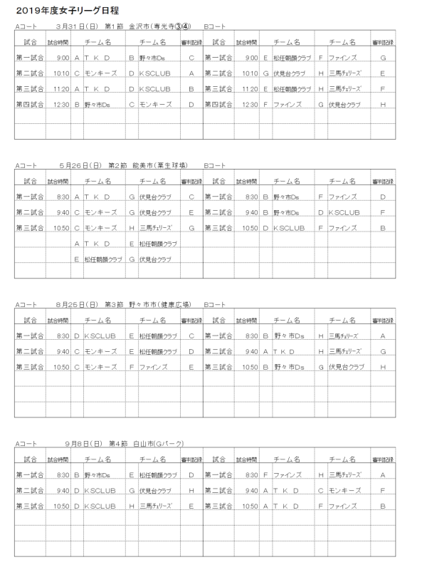 2019年女子リーグ　組合せ 一覧表　(5.26訂正版)