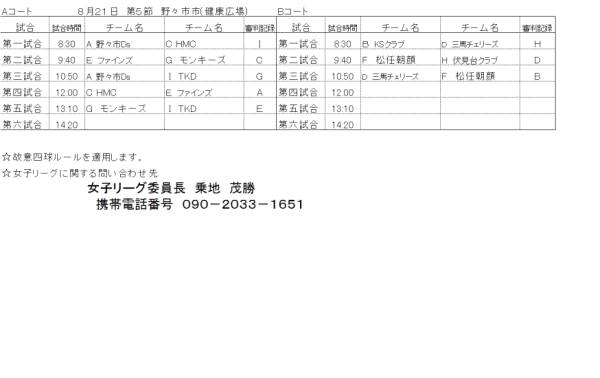 28平成年女子リーグ組合せ 第五節