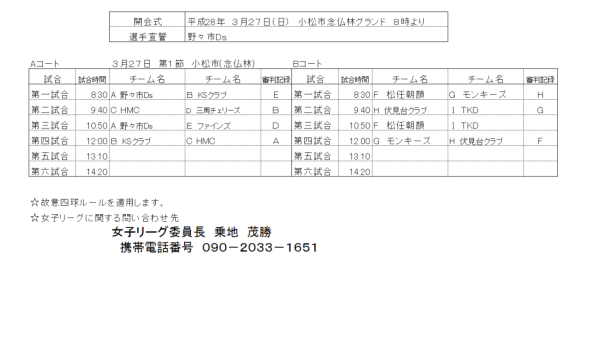 28平成年女子リーグ組合せ2 第一節